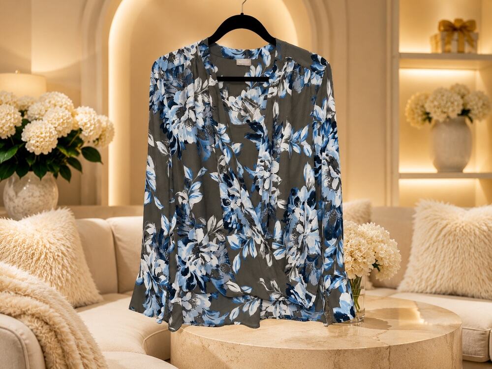Chico’s Luna Gray Floral Surplice Blouse Hi Low Sheer Overlay 2P NWT Petite Chi